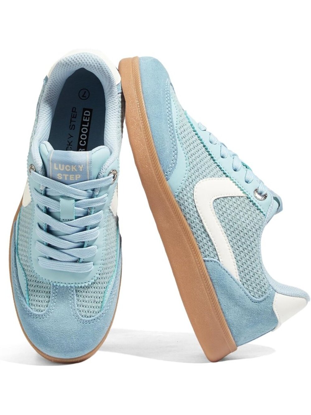 Women's Blue-Cotton Faux Leather Non Slip Round Toe Flat Heel Classic Sneaker